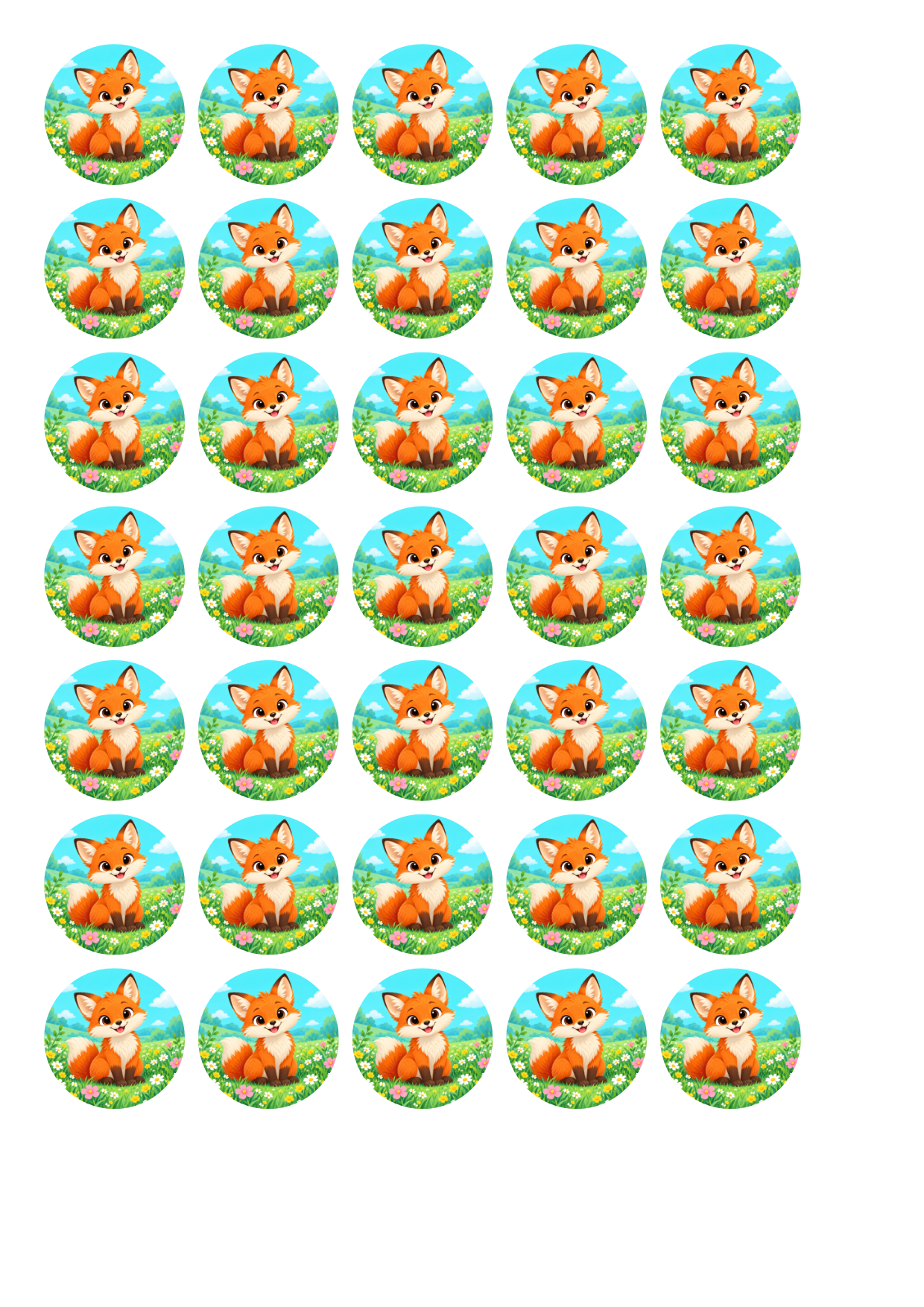 Actual A4 sample export of 35 round badges without cut outlines
