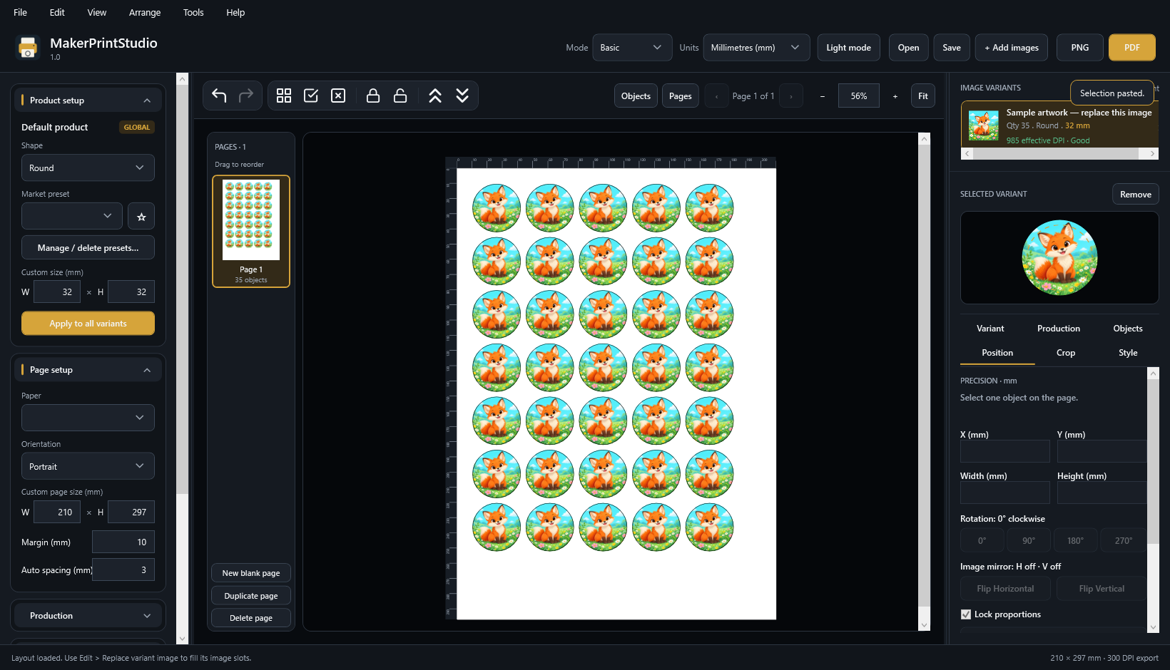 MakerPrintStudio showing a print sheet of round fox badges, exact dimensions and page controls